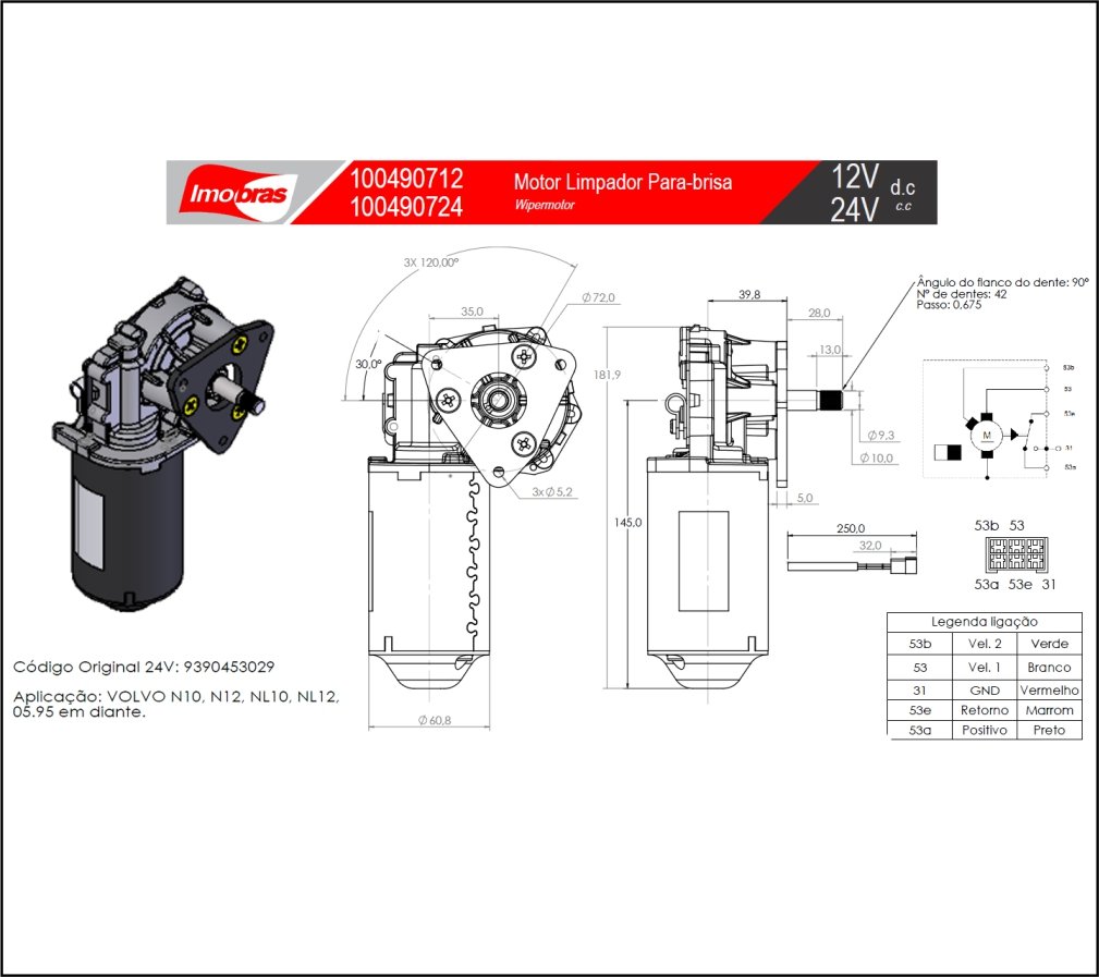 IMB100490724 - MOTOR LIMPADOR PARABRISA VOLVO NL 10 24 VTS