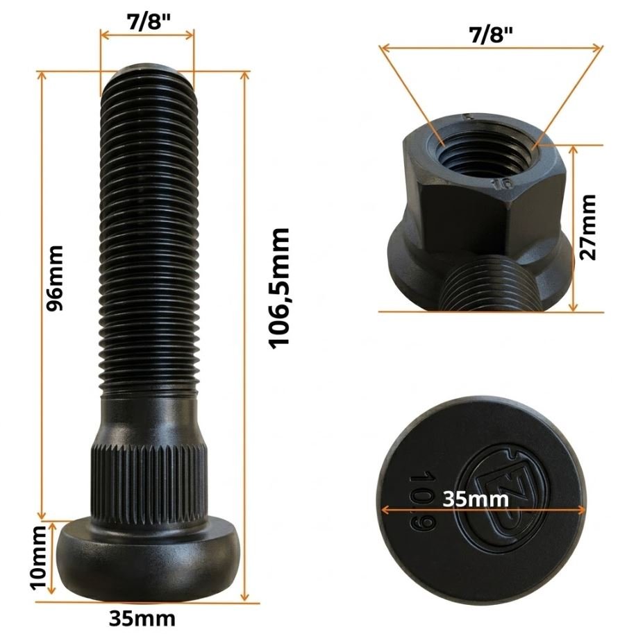ZM 30.780.14 - CONJ PARAFUSO RODA TRAS SC / VV ANTIGOS 7/8" ROSCA GROSSA PORCA 33